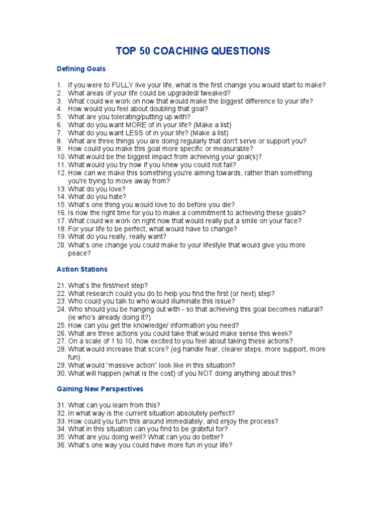 TOP 50 COACHING QUESTIONS Goal Behavior Modification