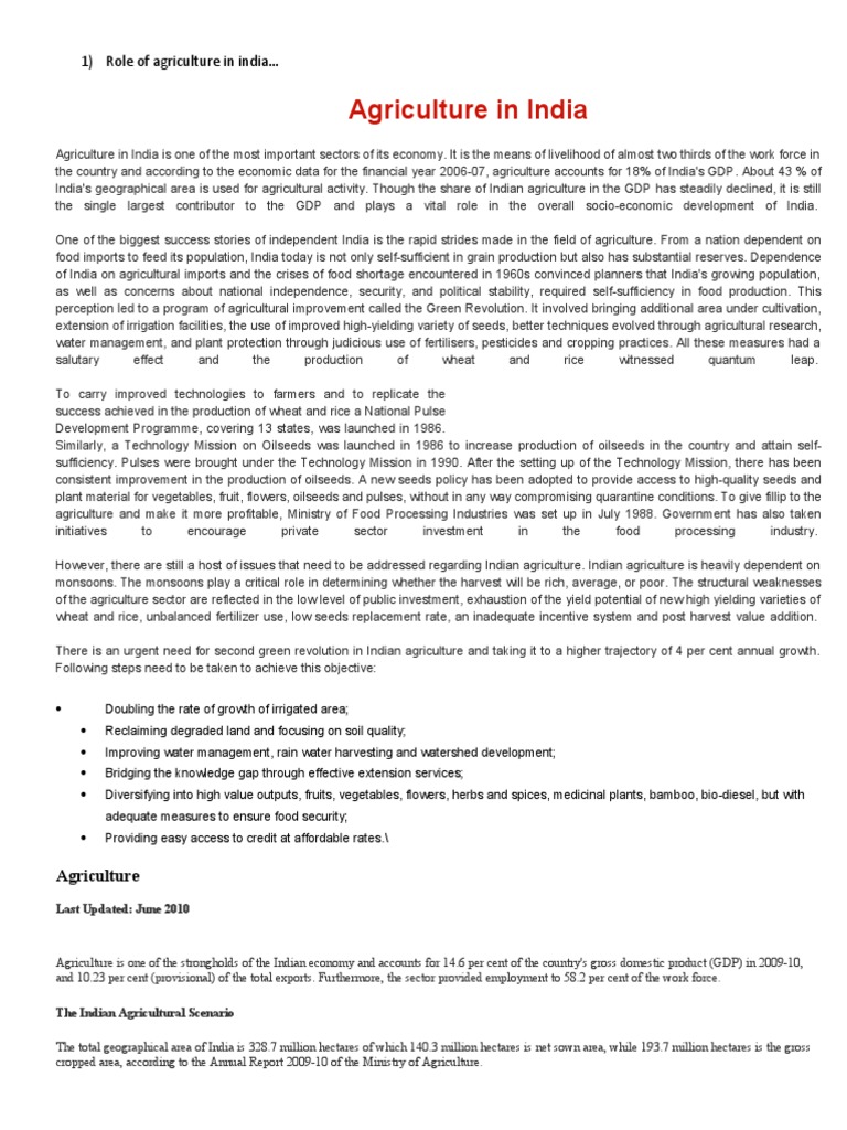 1) Role of Agriculture in India | Download Free PDF | Agriculture ...