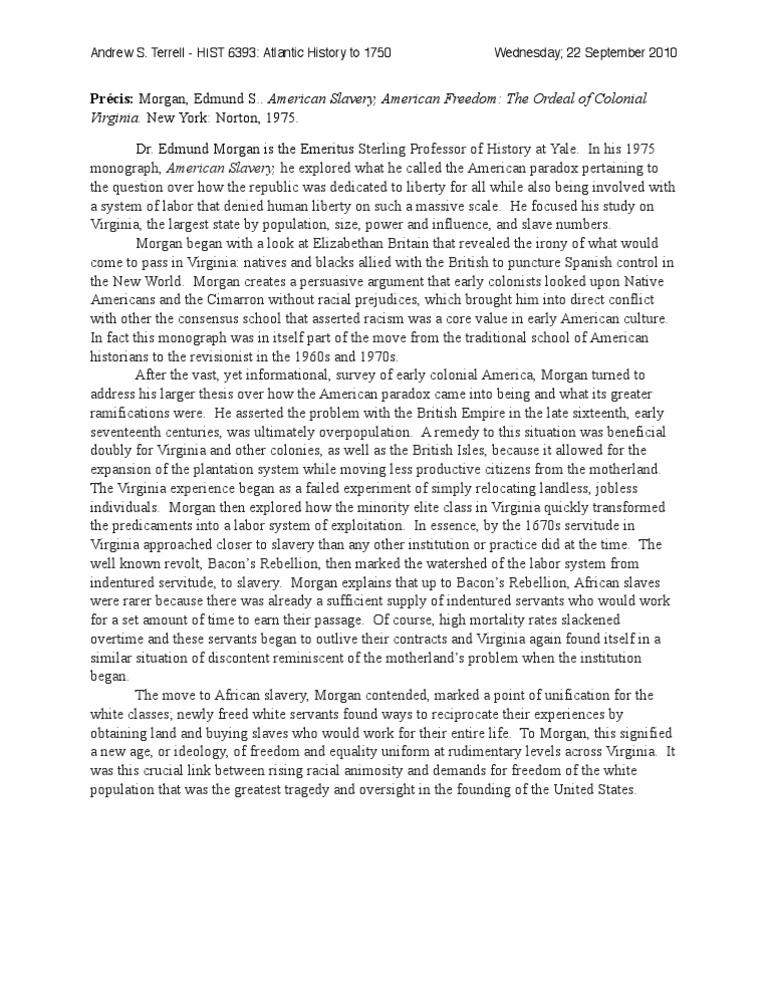 Précis American Slavery, American Freedom PDF Slavery In