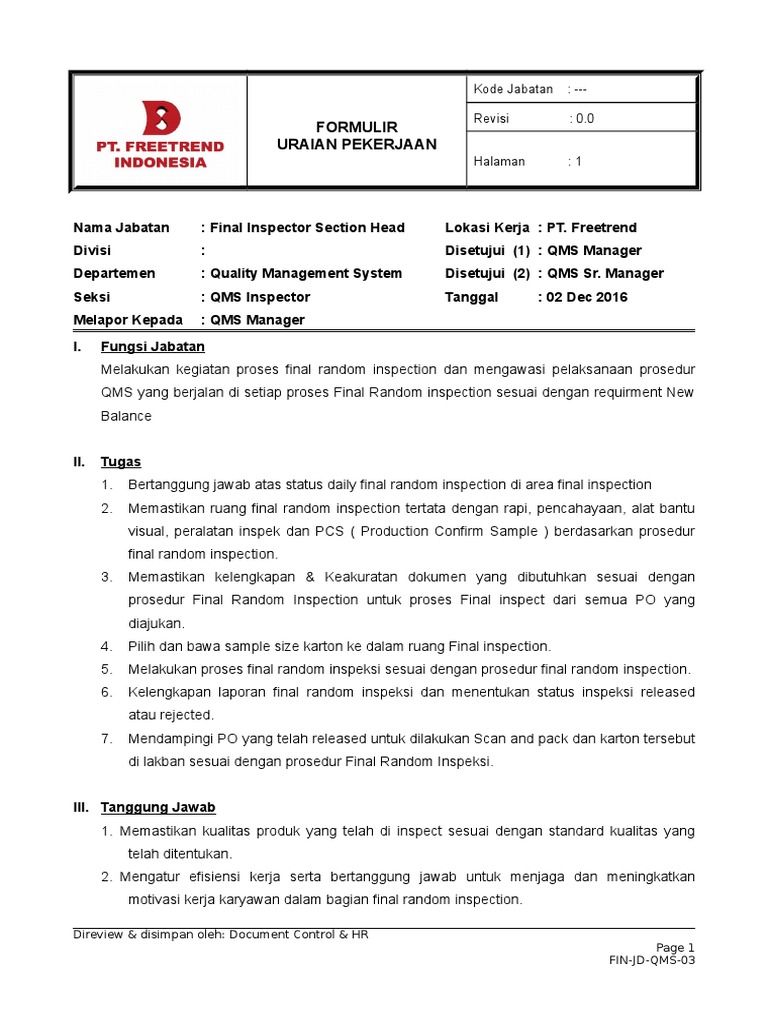 Final Inspector Section Head | PDF