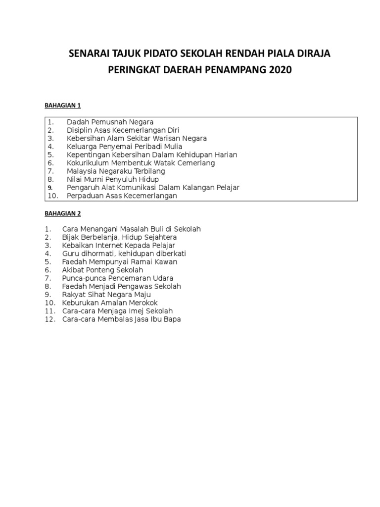 Tema Dan Tajuk Pertandingan Pidato 2020