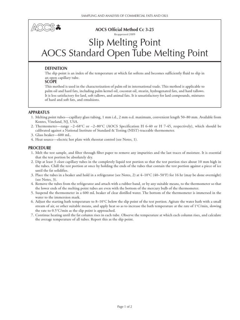 Slip Melting Point Method for Fats | PDF | Melting Point | Thermometer