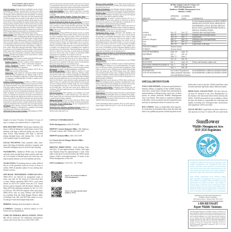 Mississippi Sunflower Wma Rules and Regs PDF Hunting Trapping