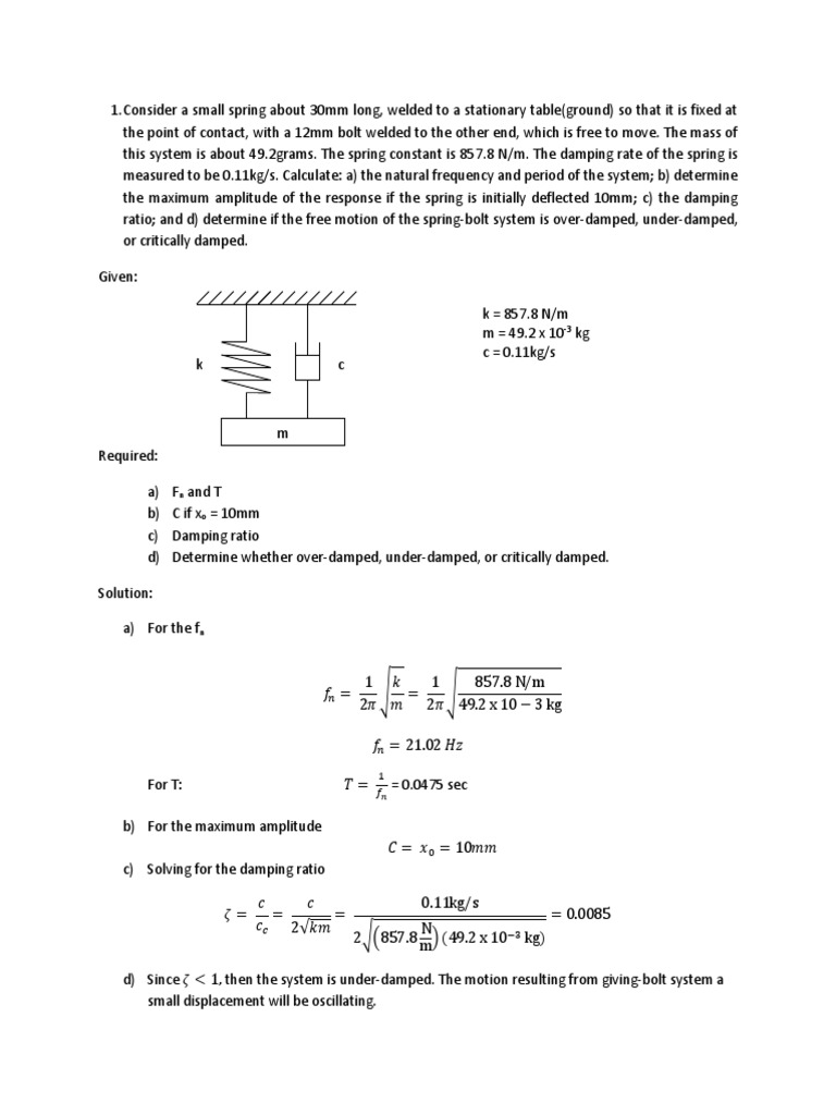 Damped Free Vibration Problems PDF Motion (Physics) Physics