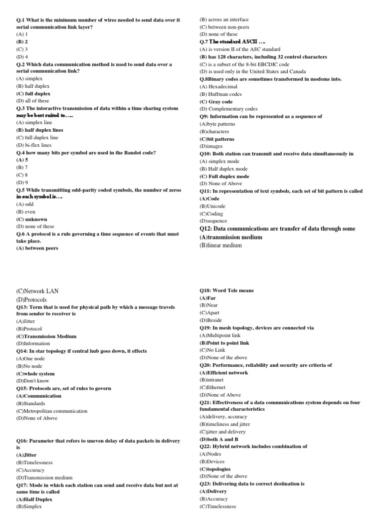 MCQ Data Communication PDF Duplex Error
