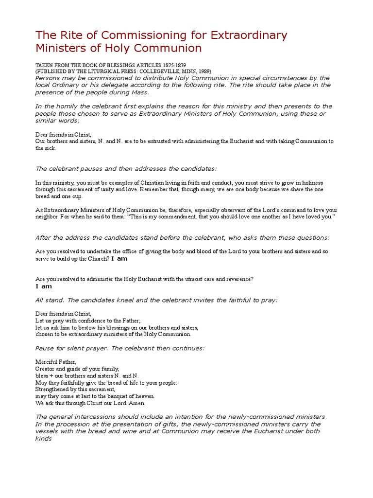 The Rite of Commissioning For Extraordinary Ministers of Holy Communion