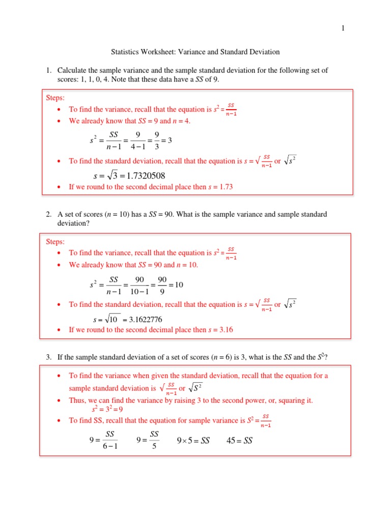 Variance Worksheet Variance Standard Deviation