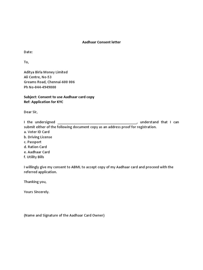Aadhaar Consent Letter For Client Pdf