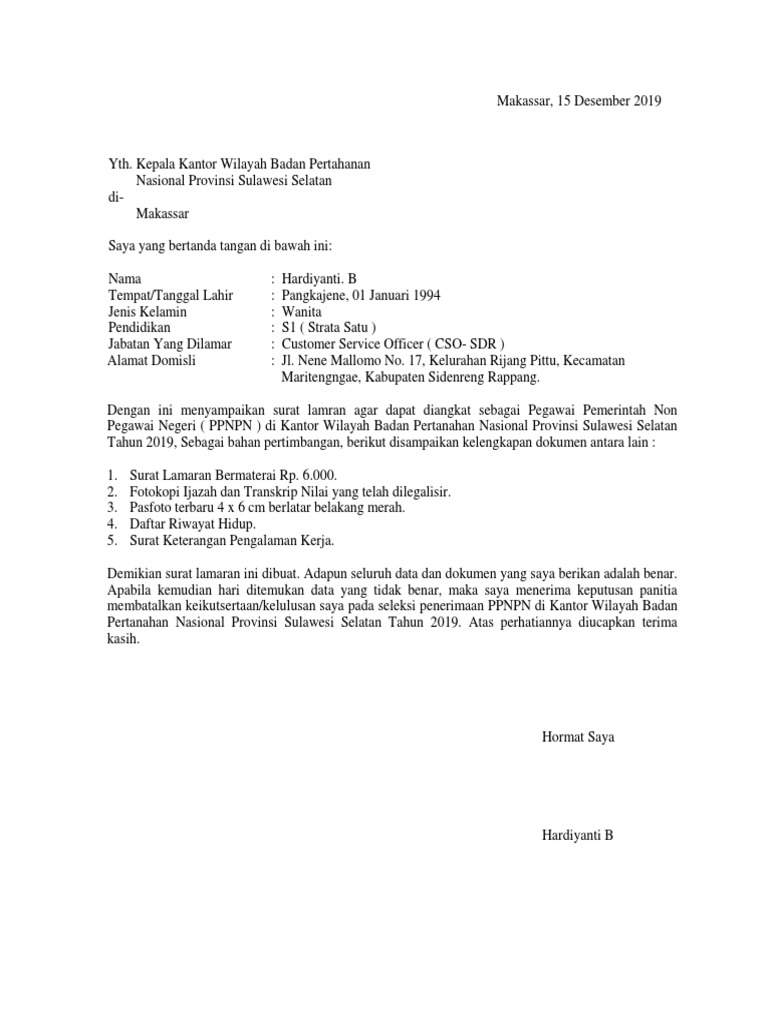Surat Lamaran Bpn Ppnpn