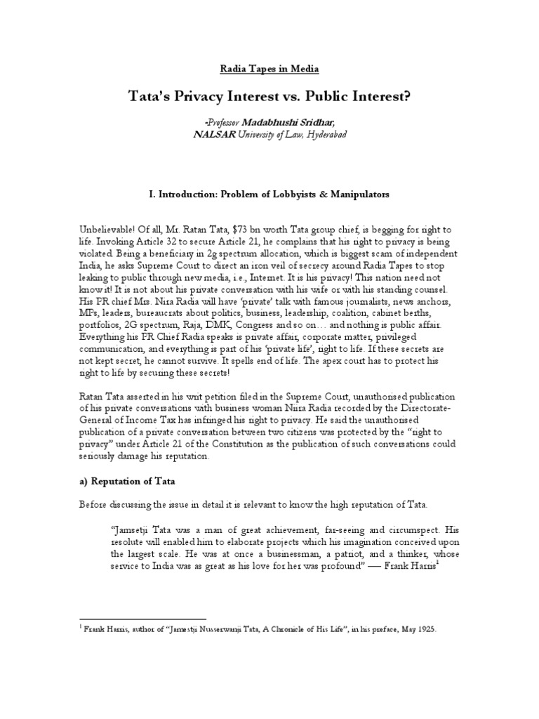Tata Privacy vs. Public Interest PDF Freedom Of Information Act