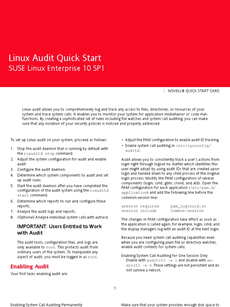 Linux Audit Quick Start: SUSE Linux Enterprise 10 SP1 | PDF