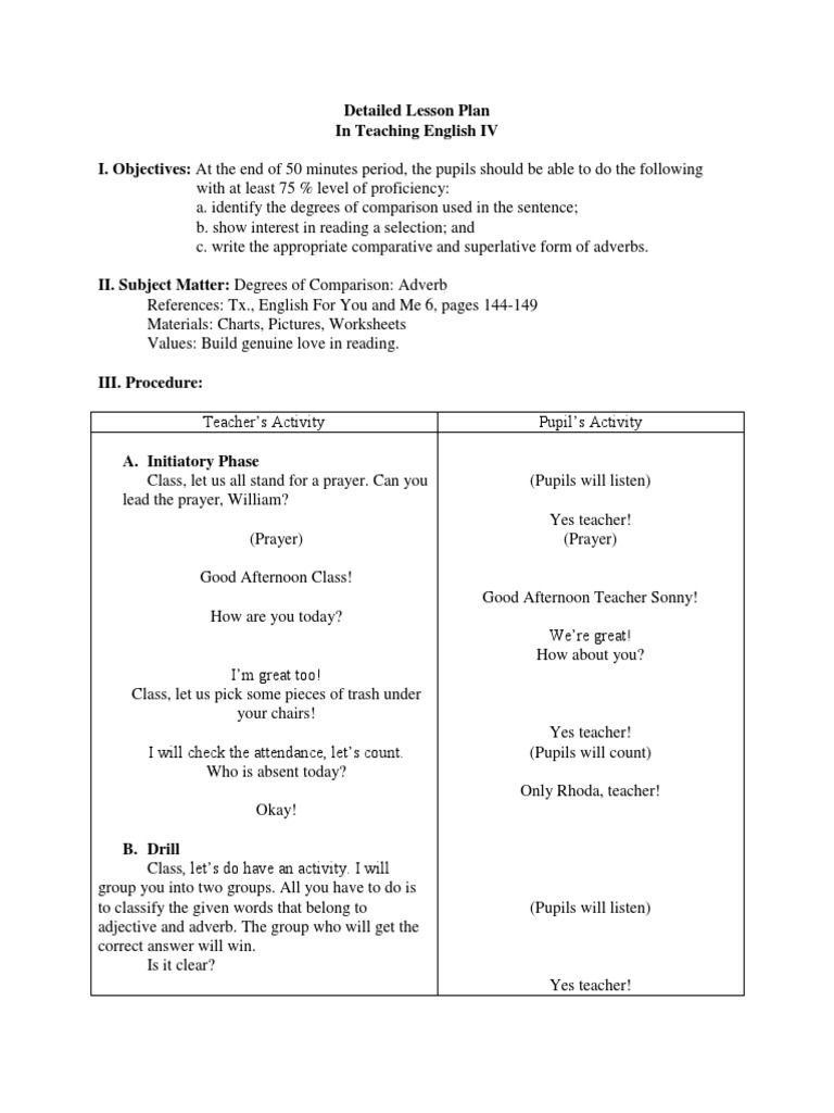 Lesson Plan About Degree Of Comparison Adverbs Grade 6 Pdf