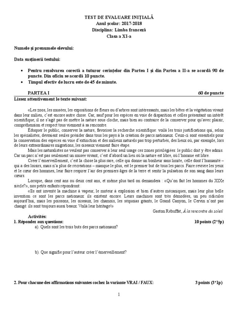Test Initial Clasa A Xia | PDF