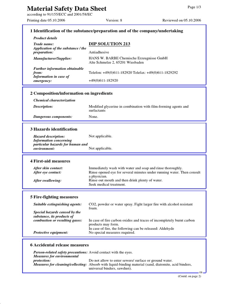 DIP Solution 213 Safety Data Sheet | PDF