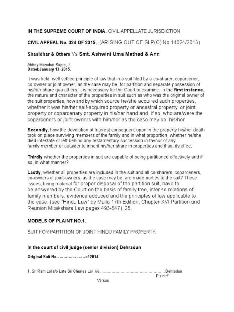 Models of Plaint in Partition Suit PDF