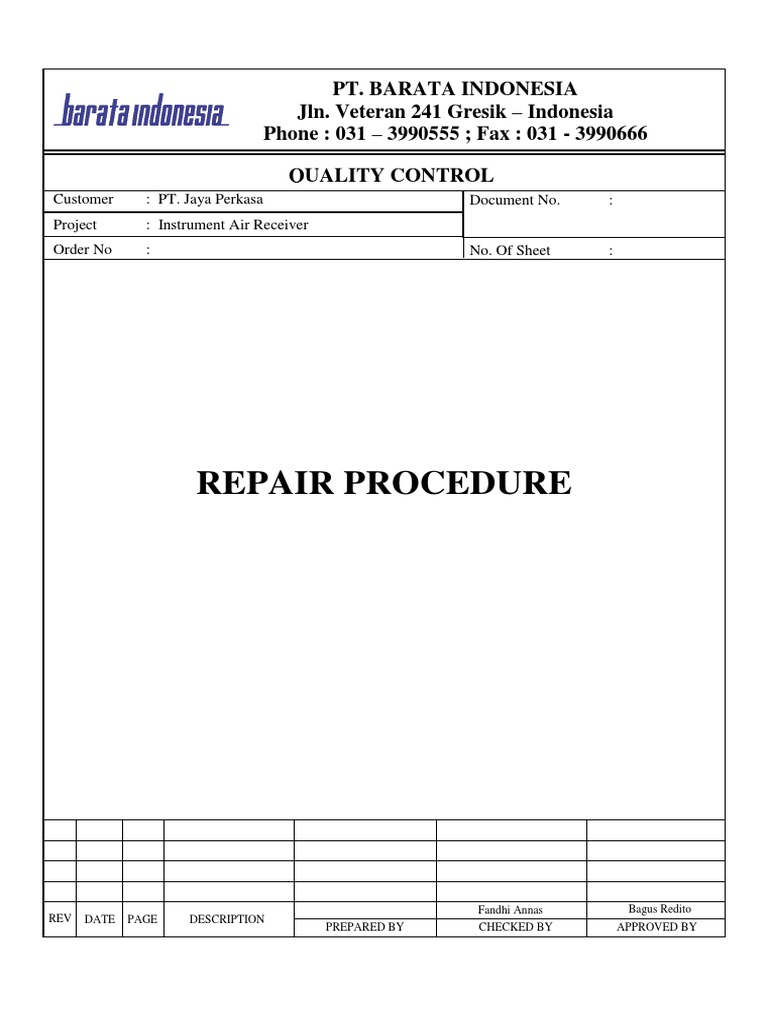 Air Receiver Welding Repair Procedure | PDF