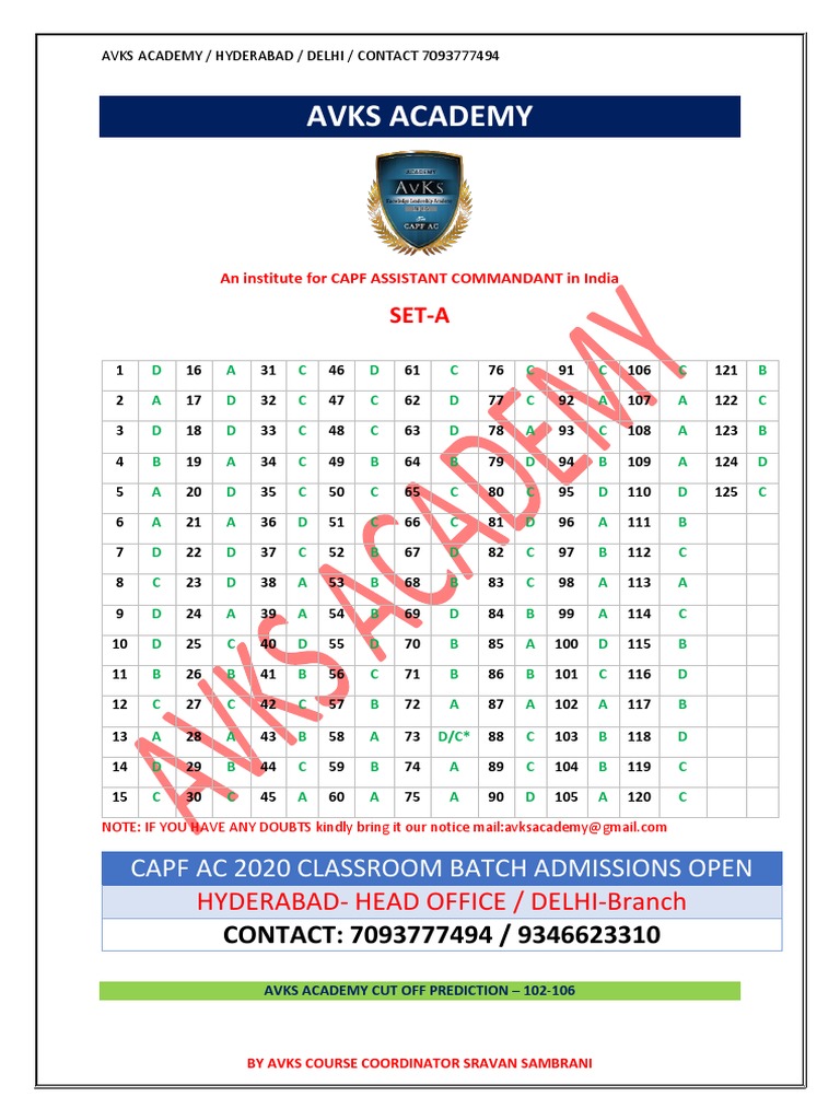 AVKS Academy CAPF AC 2020 Admissions | PDF