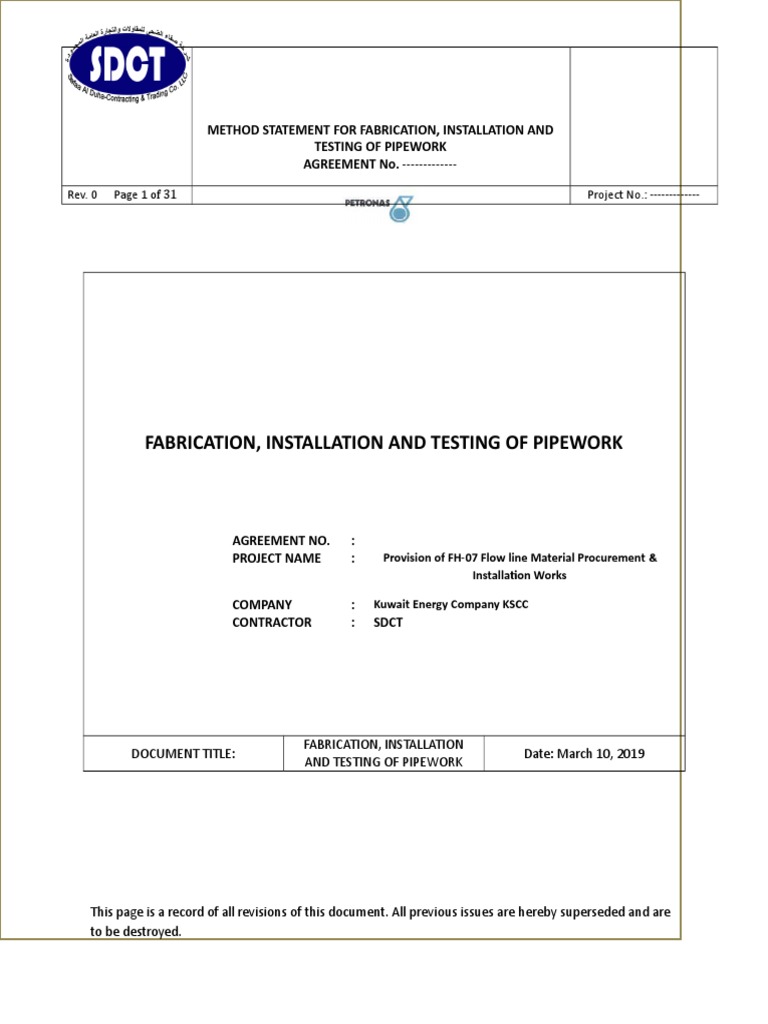 METHOD STATEMENT FOR FABRICATION INSTALLATION AND TESTING OF PIPEWORK doc