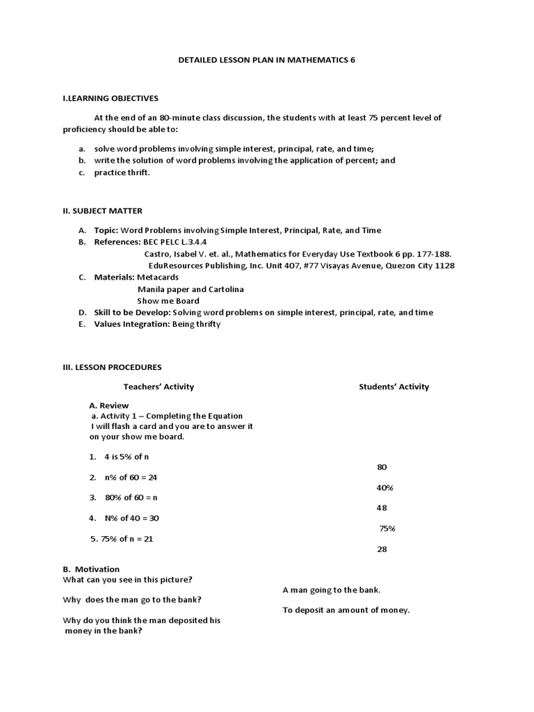 Simple Interest Lesson Plan for Grade 6 | PDF | Interest | Interest Rates