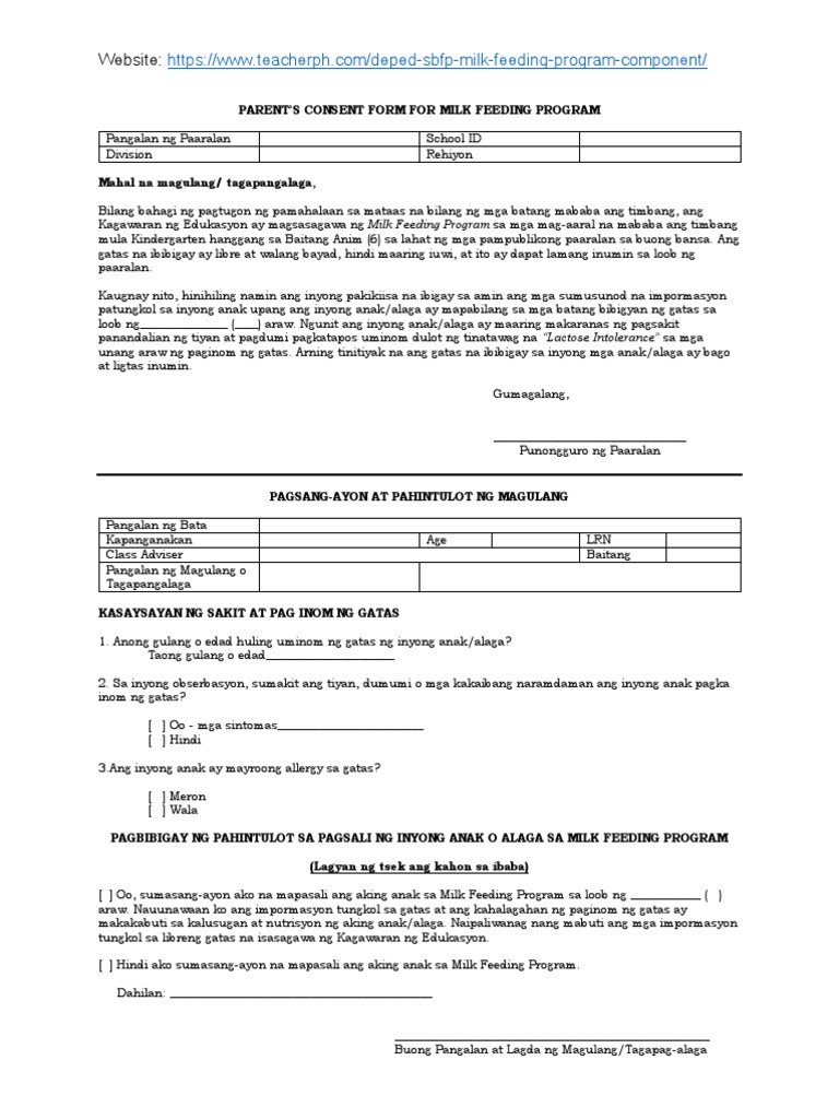 DepEd Parents Consent Form For Milk Feeding Program | PDF