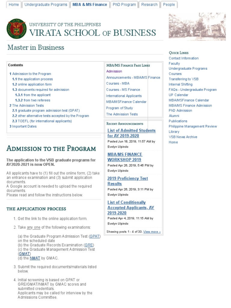 Admission - UP Virata School of Business | PDF