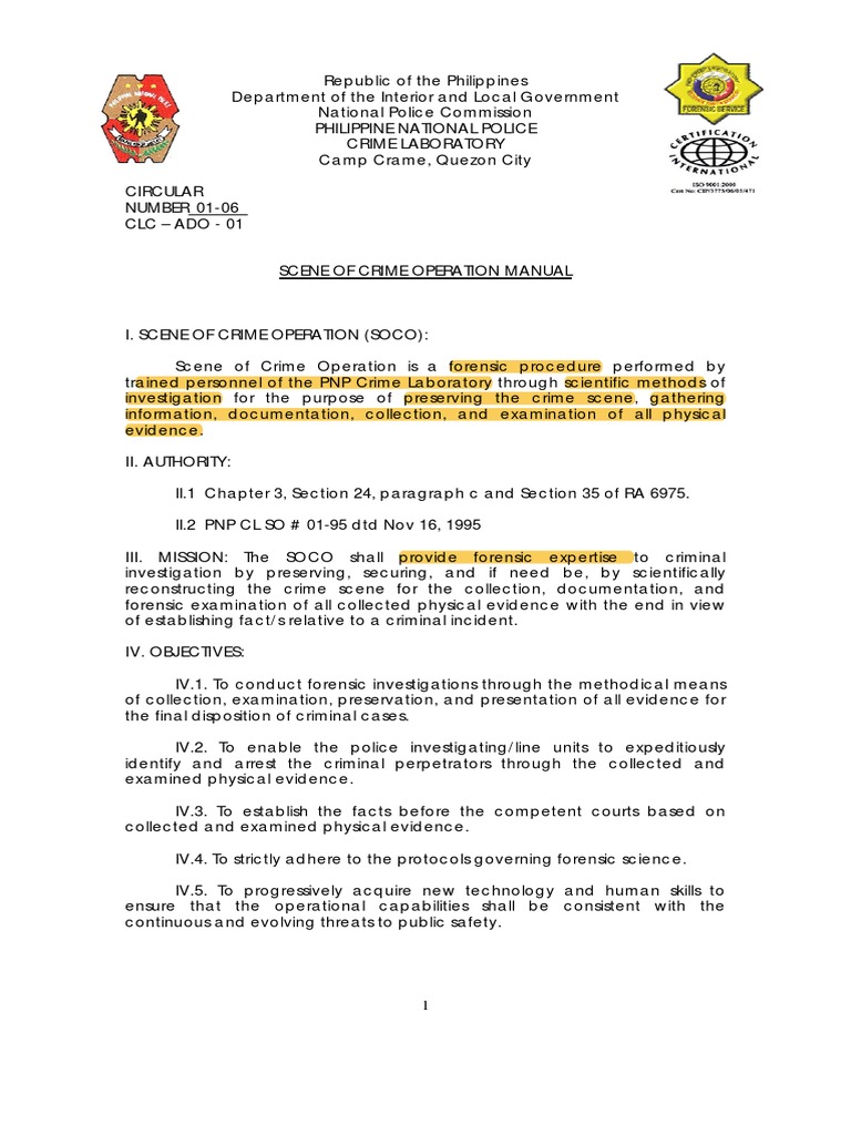 Soco Manual | Download Free PDF | Crime Scene | Cbrn Defense