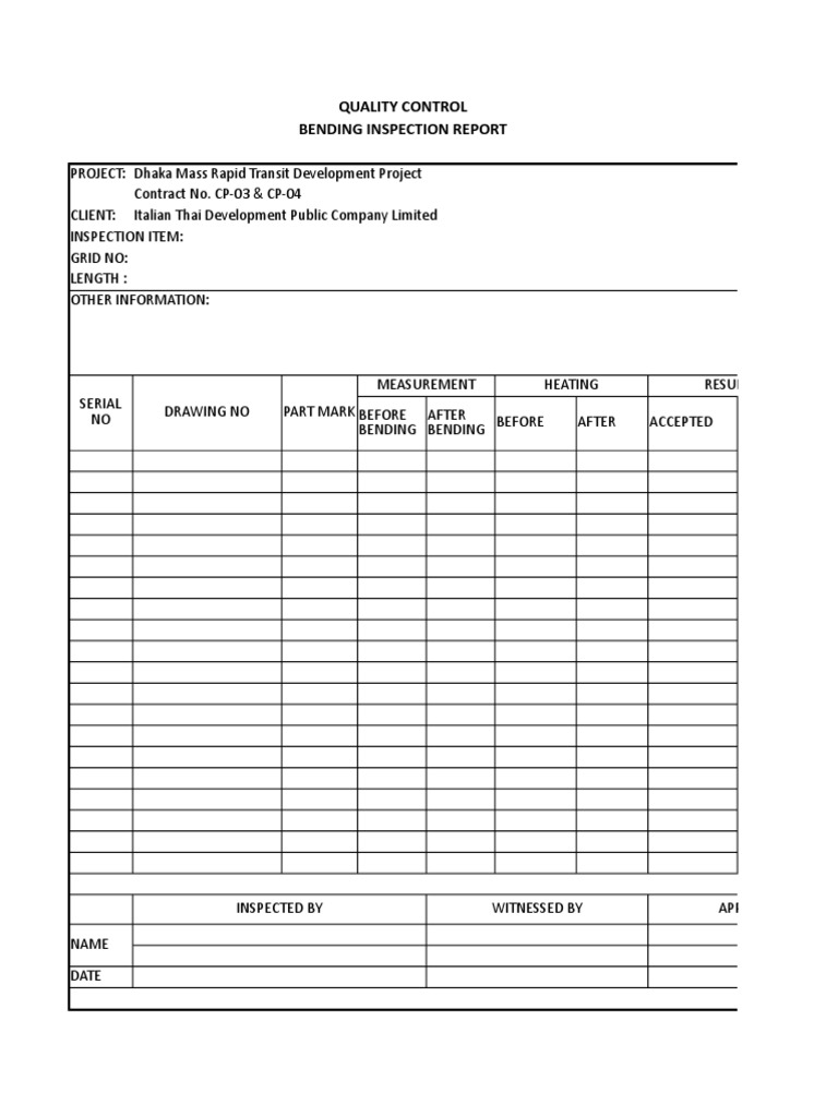 Bending Inspection Report for MRT Project | PDF