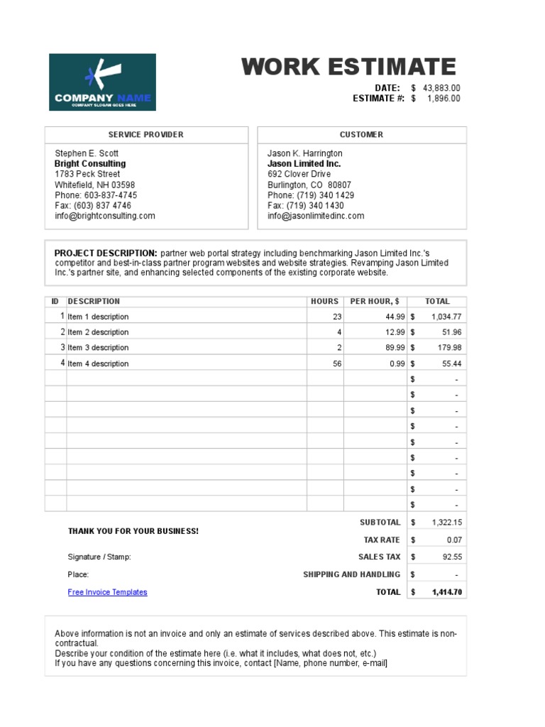 Work Estimate Template in Excel | PDF