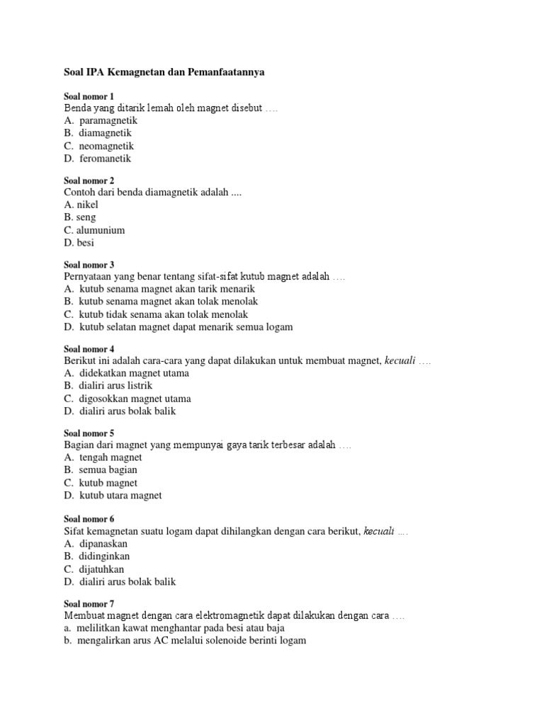 Soal Ipa Kemagnetan Dan Pemanfaatannya