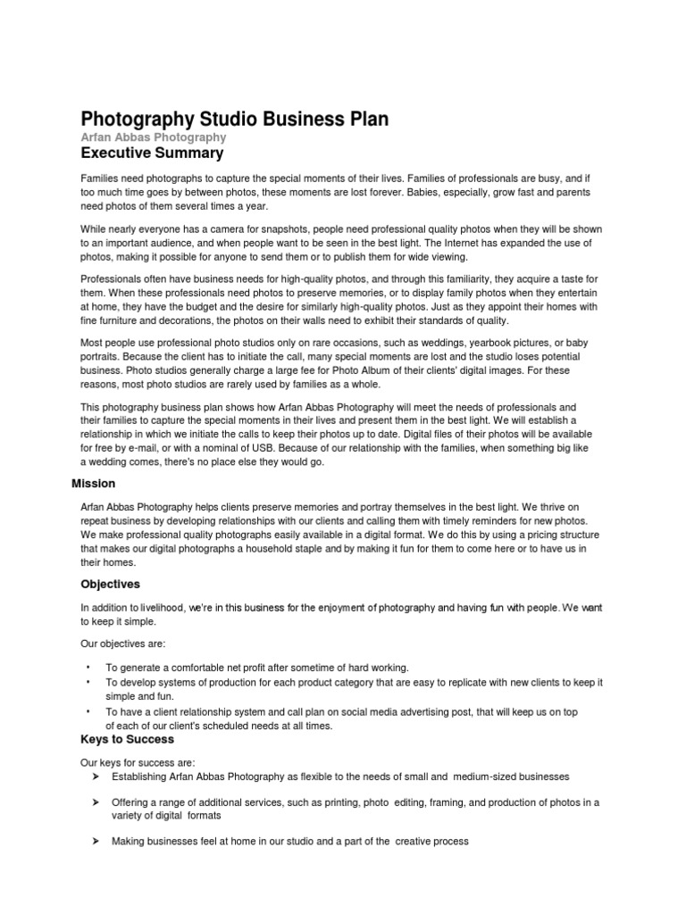 Photography Studio Business Plan PDF