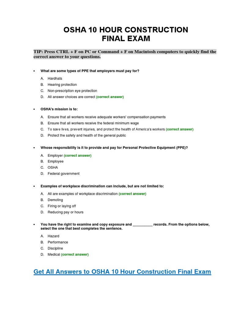 Osha 10 Construction Final Exam Answer Key