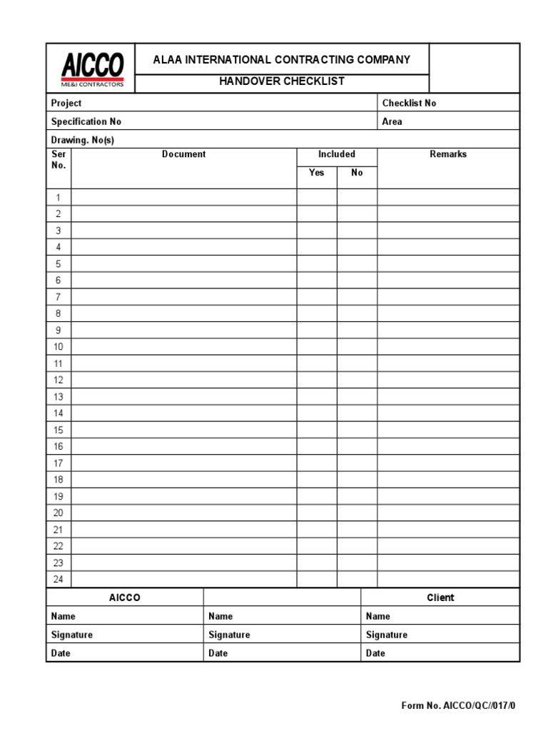 QC017-0 Handover Checklist | PDF