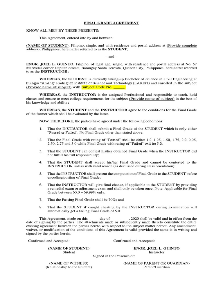 Final Grade Agreement for Students | PDF