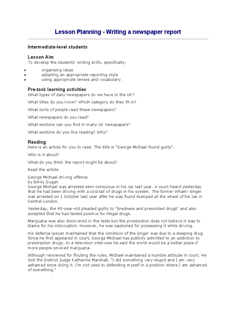 Lesson Planning Writing A Newspaper Report IntermediateLevel