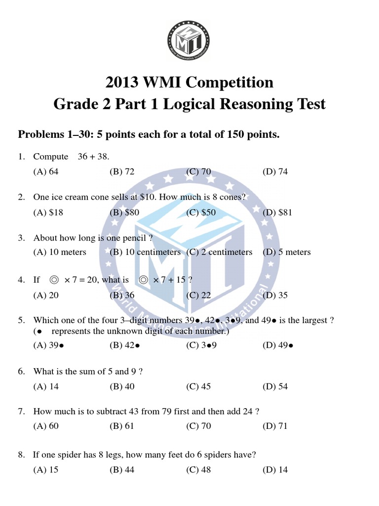 Grade 2 Logical Reasoning Test 2013 | PDF | Teaching Mathematics