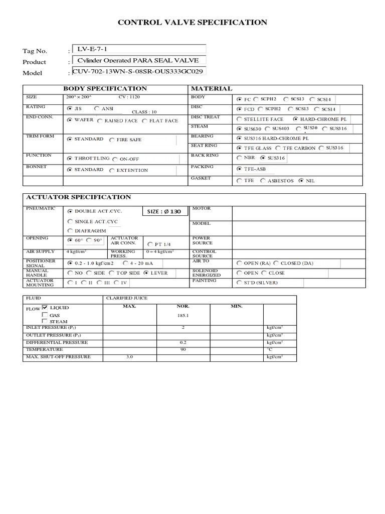Control Valve Specification Details | PDF | Valve | Actuator