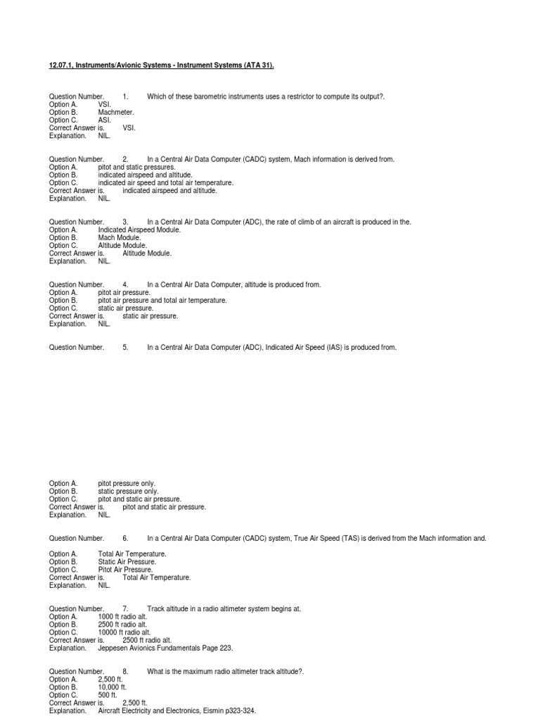 Instrument Systems Review Questions and Answers Related to Aircraft
