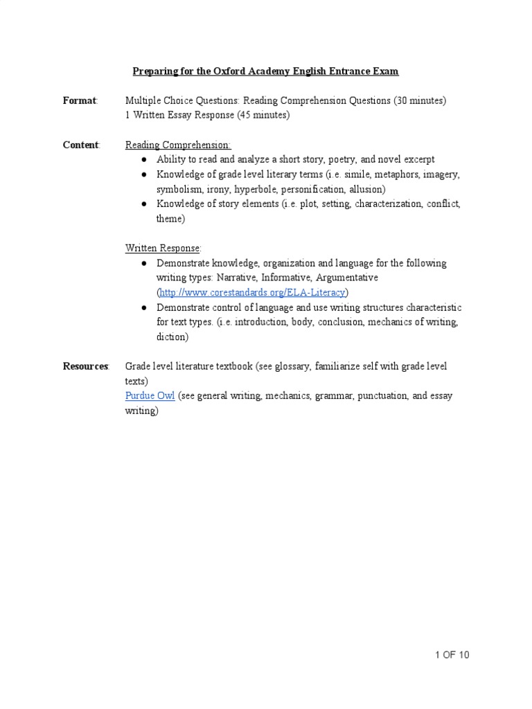 Oxford Academy Entrance Exam Overview | PDF | Essays | Test (Assessment)