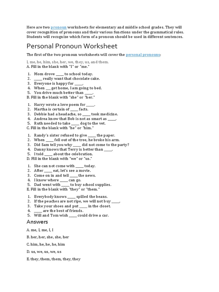 Pronouns Worksheet