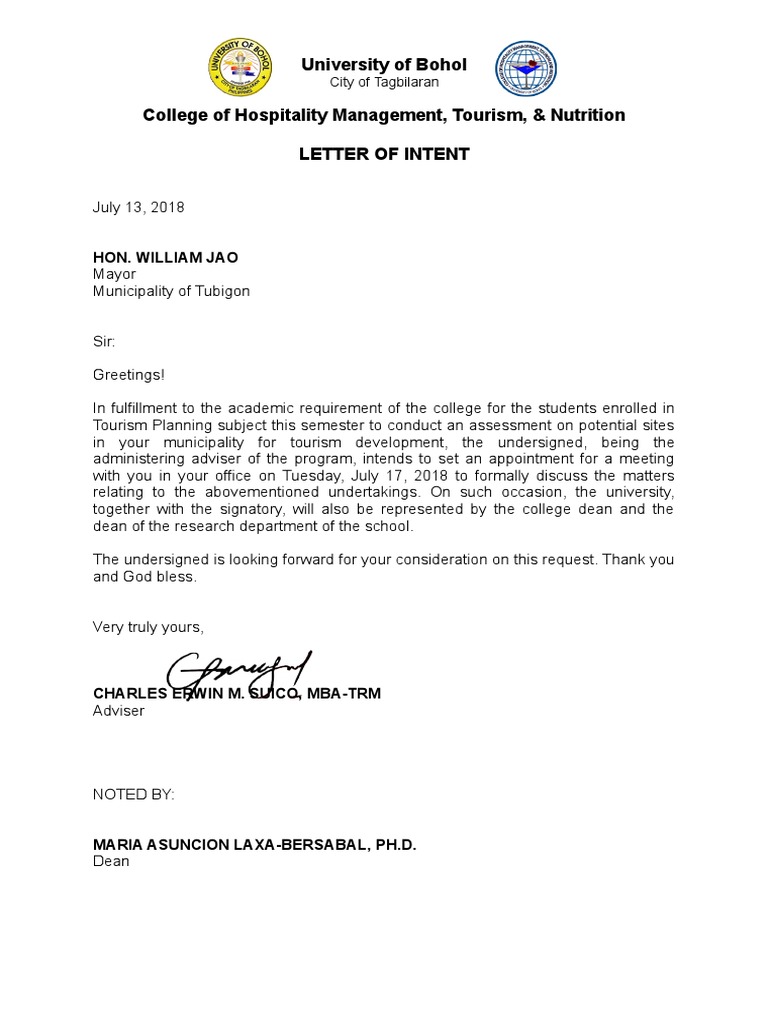 Letter of Intent - Tourism Planning - Lgu Mayor Appointment 2018 | PDF