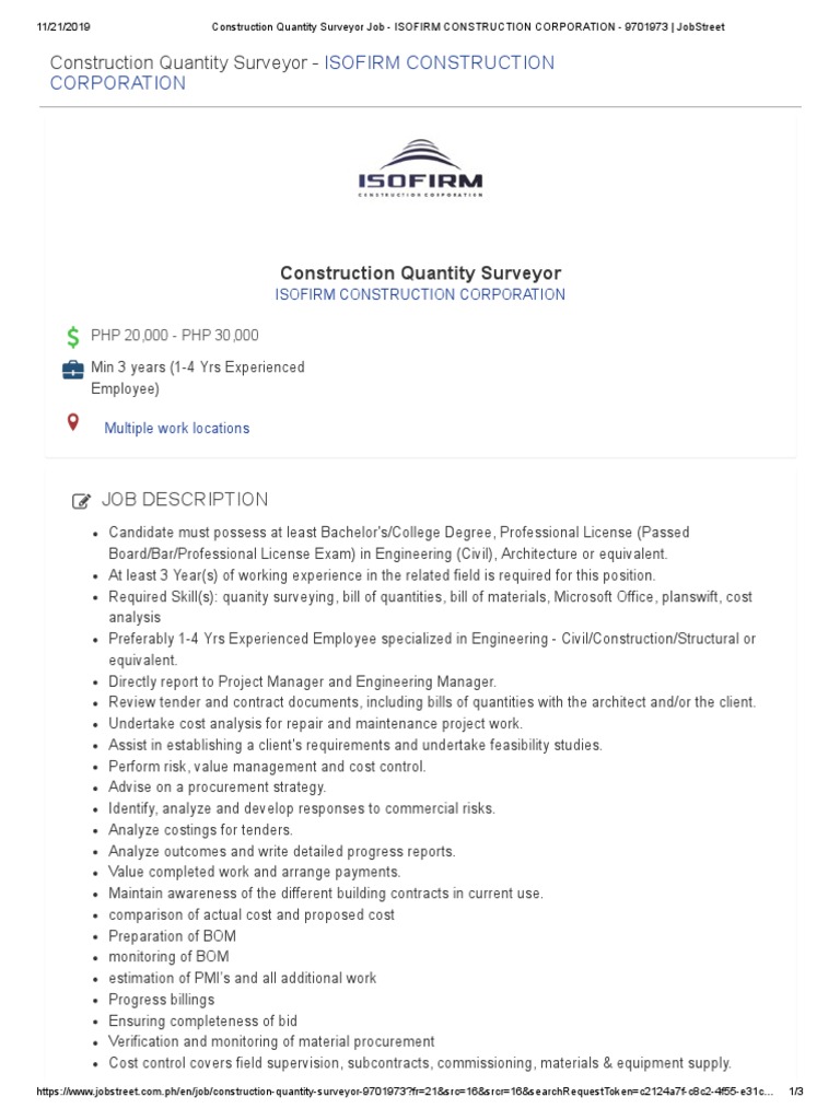 Construction Quantity Surveyor Role at Isofirm | PDF | Business ...