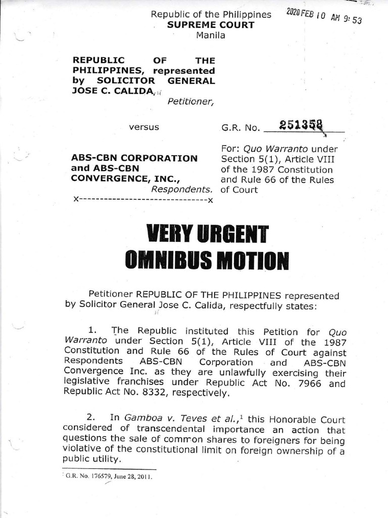 Quo Warranto Petition Republic Of The Philippines Represented By Solicitor General Calida V Abs Cbn Corporation