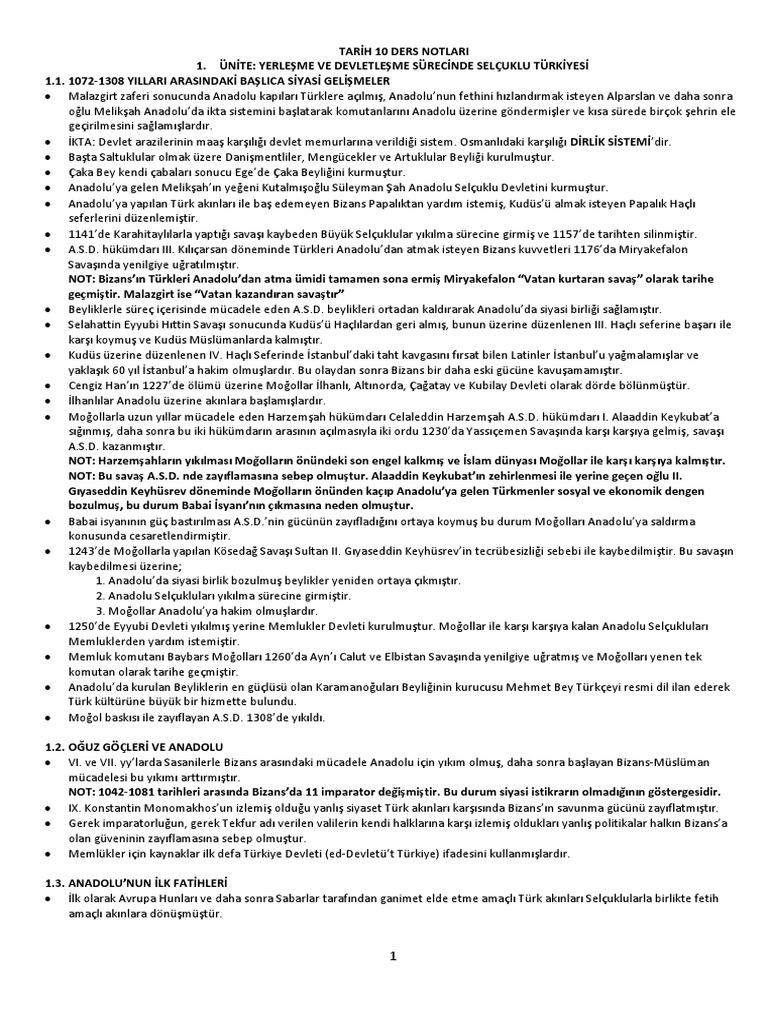 10 Sinif Tarih Ders Notu