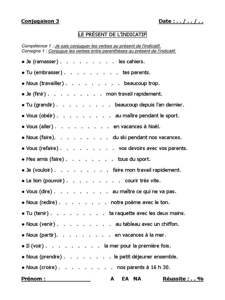 évaluation Présent De L indicatif 6ème Pdf 03 Present Indicatif | PDF