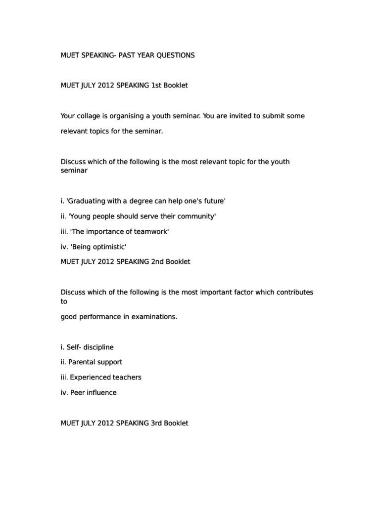 Muet Speaking Past Year Questions | PDF | Language Arts & Discipline