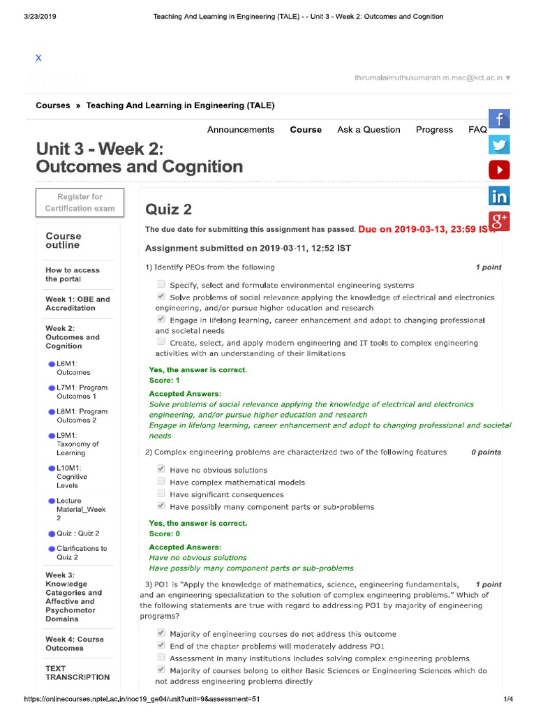 TALE Quiz 2 - Outcomes and Cognition PDF | PDF
