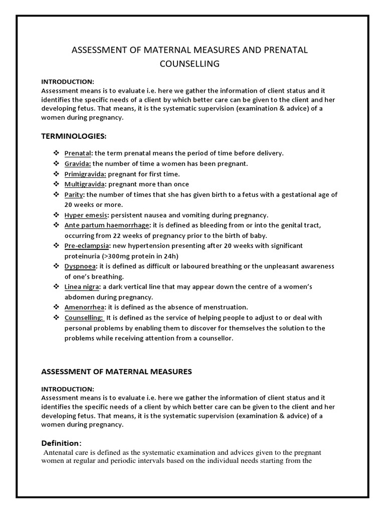 Maternal Assessment and Antenatal Care | PDF