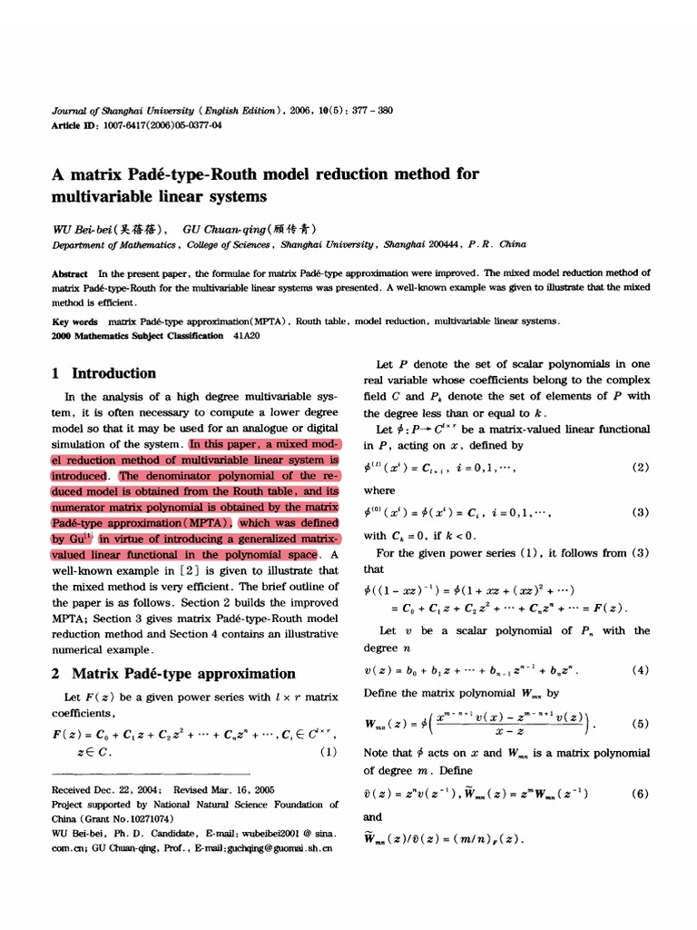 Amatrixpade Type Routhmodelred