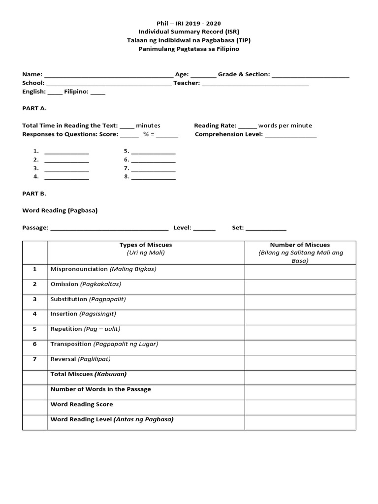 Phil iri individual summary record pdf