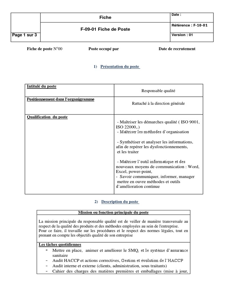 Fiche de Poste Responsable Qualité  PDF